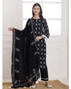 Black Hand Block Printed Cotton Suit- Set of 3