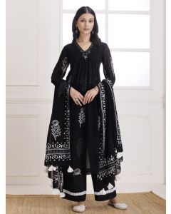 Black Hand Block Printed Cotton Suit- Set of 3
