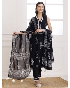 Black Hand Block Printed Cotton Suit- Set of 3
