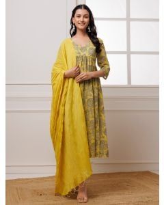 Yellow Hand Block Printed Mulmul Suit- Set of 3