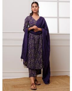 Purple Hand Block Printed Mulmul Suit- Set of 3