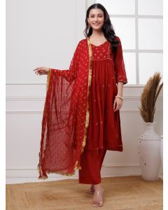 Red Hand Block Printed Cotton Suit- Set of 3