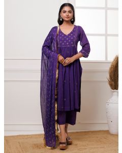 Purple Hand Block Printed Cotton Suit- Set of 3