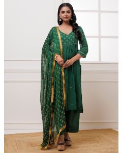 Green Hand Block Printed Cotton Suit- Set of 3