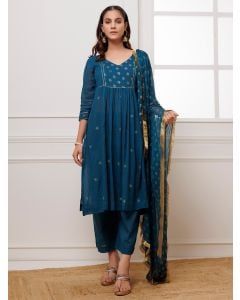 Teal Blue Hand Block Printed Cotton Suit- Set of 3