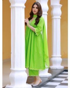 Green Lace Work Cotton Lurex Suit- Set of 3