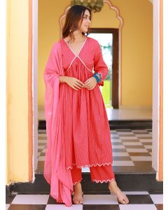 Coral Lace Work Cotton Lurex Suit- Set of 3