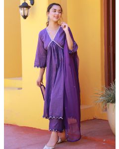 Purple Lace Work Cotton Lurex Suit- Set of 3