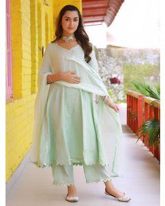 Sea Green Lace Work Cotton Lurex Suit- Set of 3
