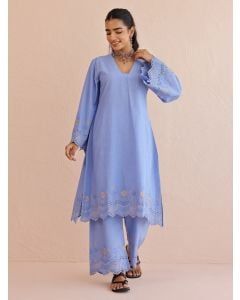 Blue Embroidered Cotton Kurta with Pants - Set of 2