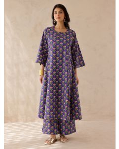 Purple Printed Cotton Kurta and Pants- Set of 2
