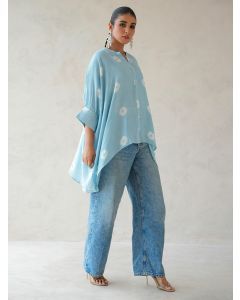 Blue Bandhani Tie and Dye Muslin Kaftan Shirt