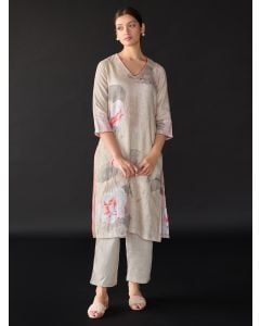 Beige Printed Hemp Kurta with Pants- Set of 2