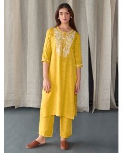 Mustard Yellow Embroidered Viscose Jacquard Kurta with Pants - Set of 2