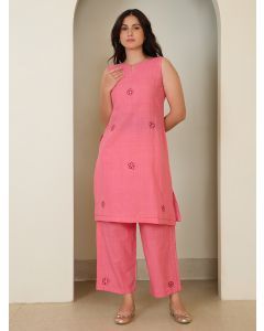 Peach Hand Embroidered Cotton Kurta with Palazzo - Set of 2