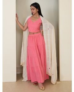 Peach Hand Embroidered Cotton Blouse with Skirt and Dupatta - Set of 3