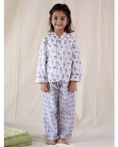 White Purple Hand Block Printed Cotton Night Suit- Set of 2