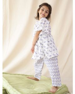 White Purple Hand Block Printed Cotton Night Suit- Set of 2