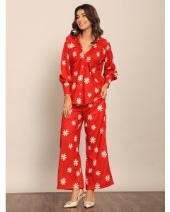 Red Printed Cotton Blend Co-ord Set - Set of 2