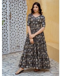Black Bagru Hand Block Printed Cotton Dress