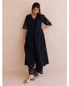 Black Embroidered Cotton Kurta with Pants - Set of 2