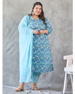Blue Printed Cotton Suit - Set of 3