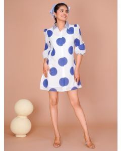 White Blue Hand Block Printed Cotton Dress