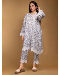White Blue Printed Cotton Co-ord Set- Set of 2