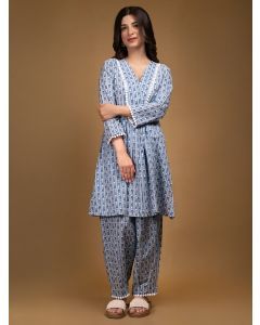 Blue Printed Cotton Kurta with Pants- Set of 2