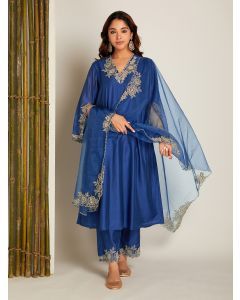 Blue Embroidered Organza Dupatta