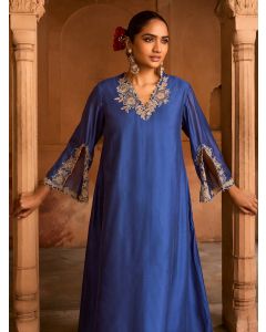 Blue Embroidered Chanderi Kurta with Pants- Set of 2