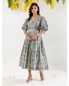 Blue White Hand Block Printed Cotton Dress