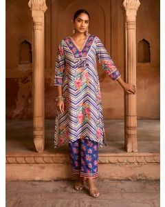 Blue Printed Viscose Chanderi Kurta with Pants- Set of 2
