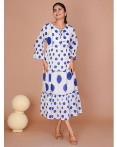 White Blue Hand Block Printed Cotton Dress