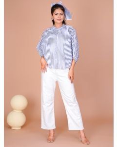 White Blue Hand Block Printed Cotton Shirt