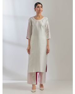 White Pink Sequins Work Silk Blend Kurta with Pants- Set of 2