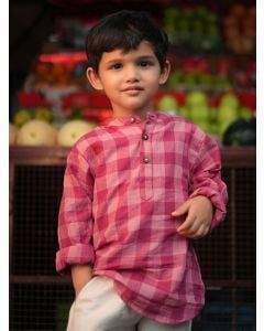 Pink Checkered Cotton Kurta