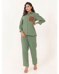 Green Embroidered Cotton Co-ord Set - Set of 2