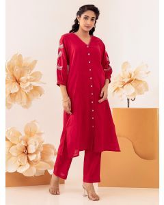 Red Embroidered Cotton Kurta with Pants - Set of 2