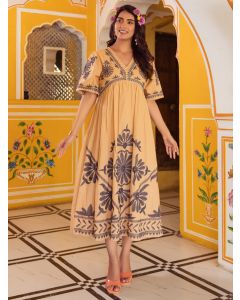 Beige Embroidered Cotton Dress