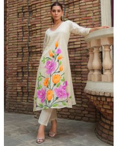 Off White Hand Painted Cotton Kurta with Pants - Set of 2