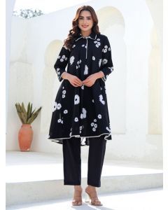Black Printed Cotton Blend Kurta with Pants - Set of 2