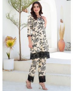 White Black Printed Cotton Blend Kurta with Pants - Set of 2