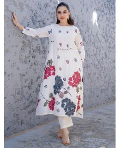 White Printed Cotton Kurta and Pants - Set of 2