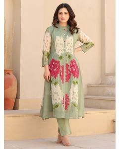 Green Printed Cotton Mul Kurta with Pants - Set of 2