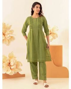 Green Cotton Slub Kurta with Pants - Set of 2