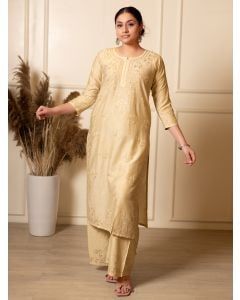 Beige Embroidered Chanderi Kurta with Palazzo - Set of 2