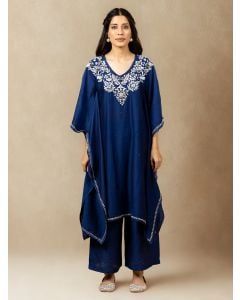 Blue Embroidered Chanderi Silk Kaftan with Pants - Set of 2