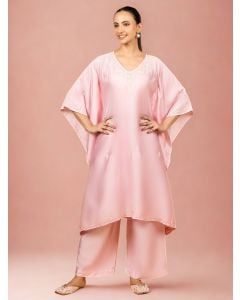 Light Pink Embroidered Chanderi Silk Kaftan with Pants - Set of 2