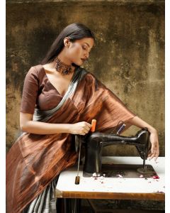 Copper Silver Zari Cotton Tissue Saree